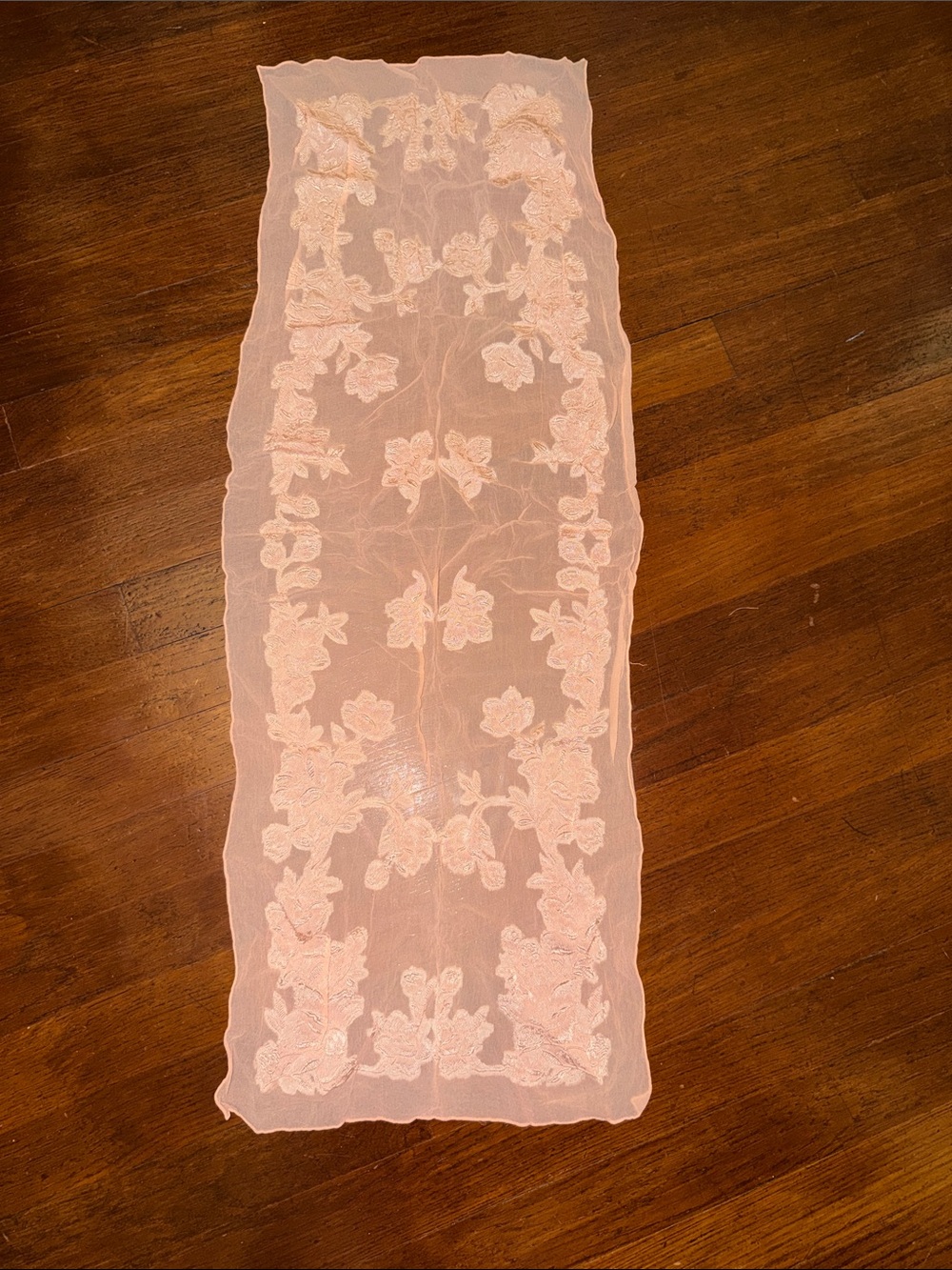 Vintage Sheer Floral Embroidered Lace Scarf Blush Pink